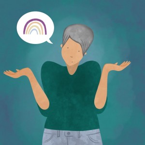 Shrugging woman with rainbow speech bubble